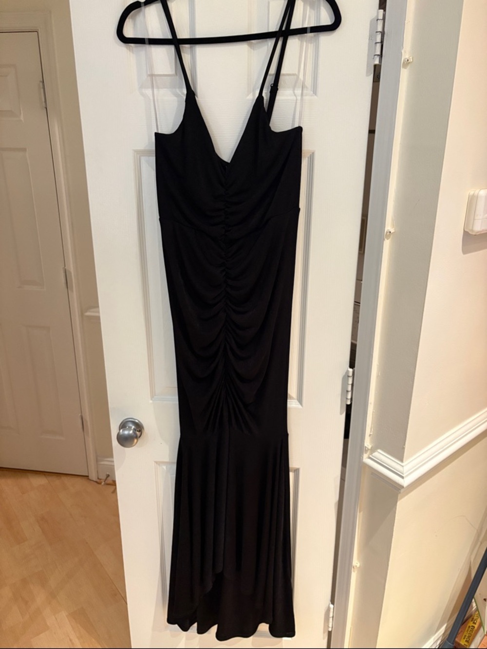 Elegant Black Ruched Maxi Dress with Spaghetti Straps